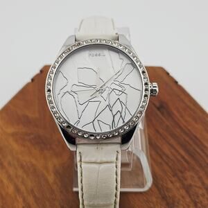 Fossil Women's Cracked Floral Crystal Dial Watch Silver Tone White Leather Band